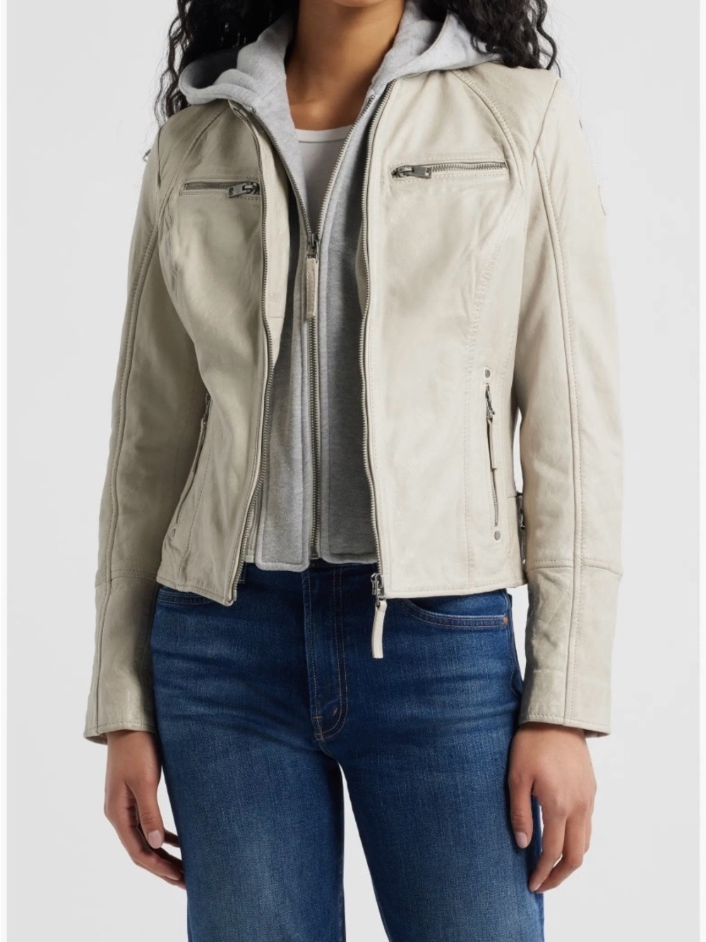 Mauritius Nola Off-White Lambskin Leather Moto Jacket • Removable Hood • Size 12